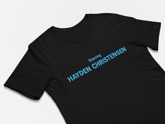Black t-shirt with 'Starring Hayden Christensen' text on a white background