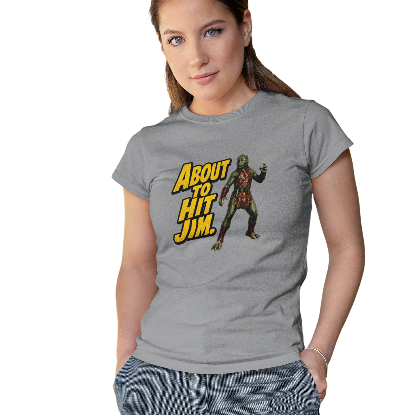 Woman wearing a gray t-shirt with 'About to Hit Jim' graphic design on a white background