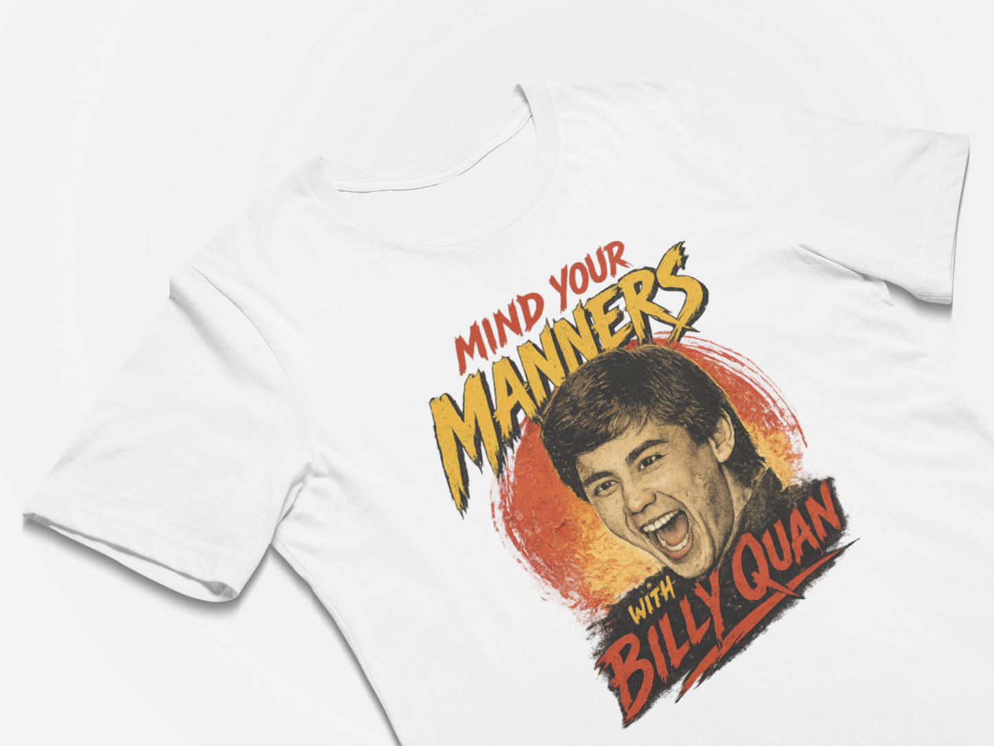 White t-shirt with a graphic design featuring a person's face and text on a white background