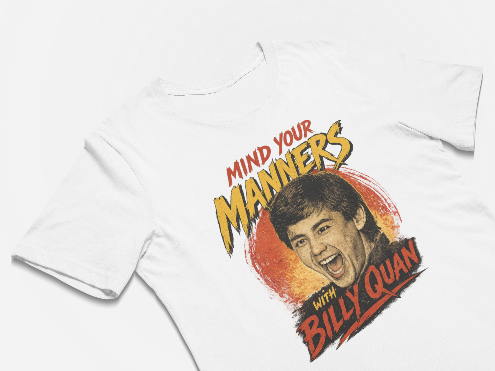 White t-shirt with a graphic design featuring a person's face and text on a white background