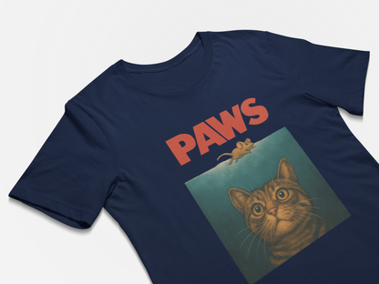 Navy blue t-shirt with 'PAWS' and a cat graphic on a light gray background