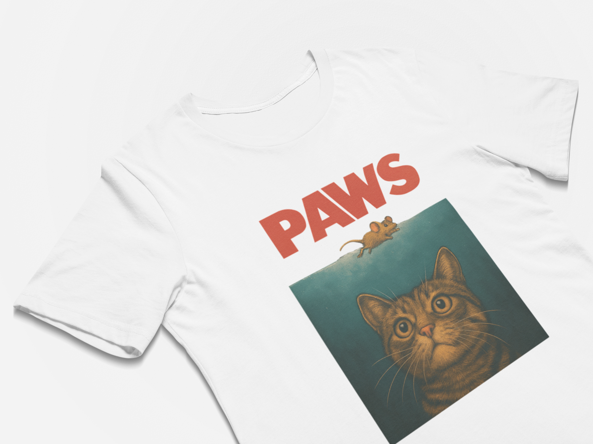 White t-shirt with 'PAWS' text and a cat illustration on a white background