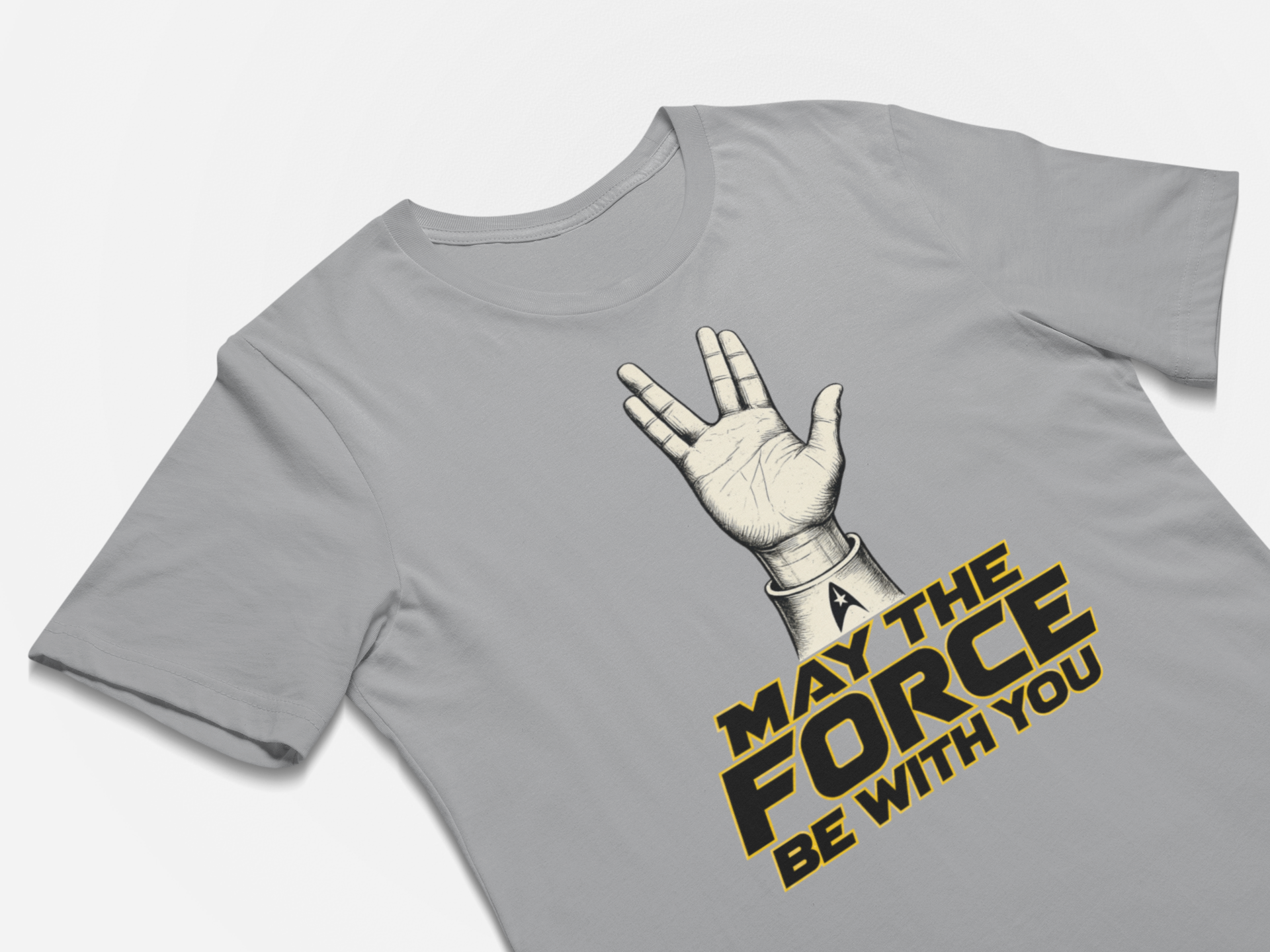 Gray t-shirt with a Star Wars-themed graphic and text on a white background