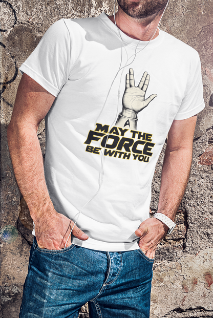 Person wearing a white t-shirt with a Star Wars-themed design against a textured wall.