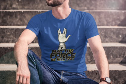 Person wearing a blue t-shirt with a Star Wars-themed graphic sitting on steps.