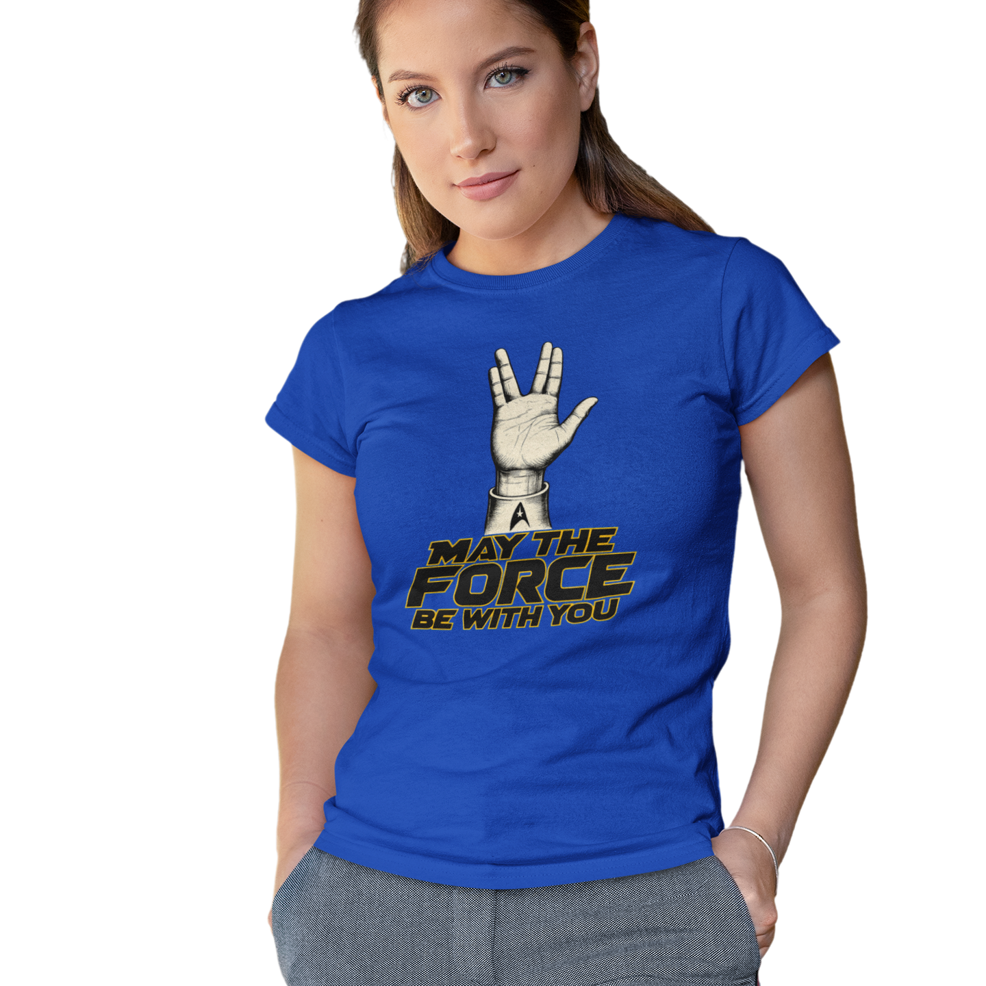 Woman wearing a blue t-shirt with a graphic and text on a white background
