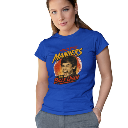 Woman wearing a blue t-shirt with a graphic design and text on a white background