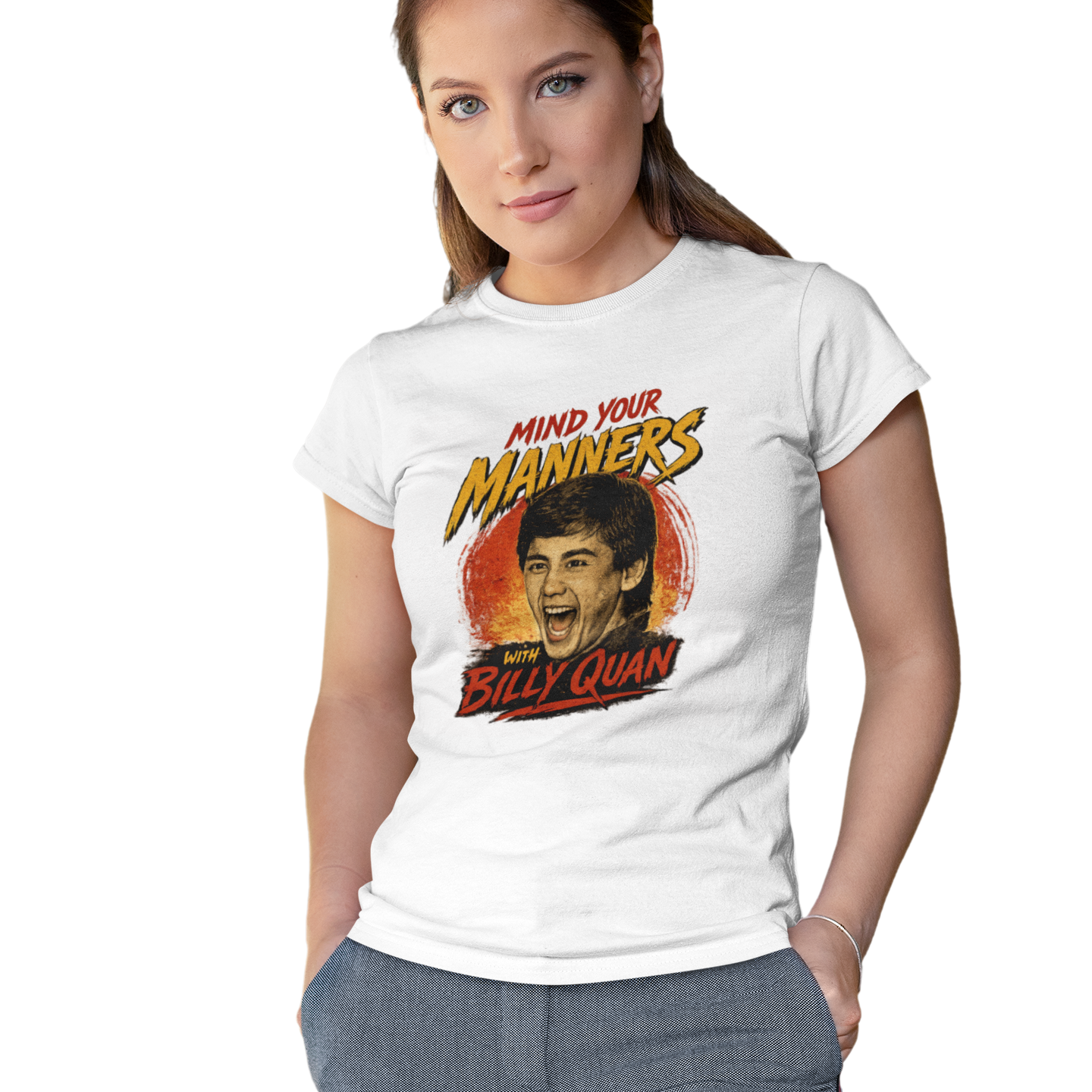 Woman wearing a white t-shirt with a graphic design and text.