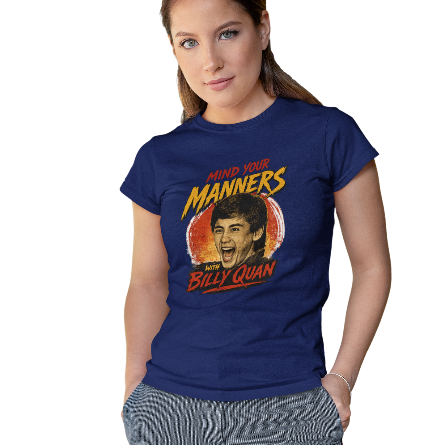 Woman wearing a blue t-shirt with a graphic design and text.