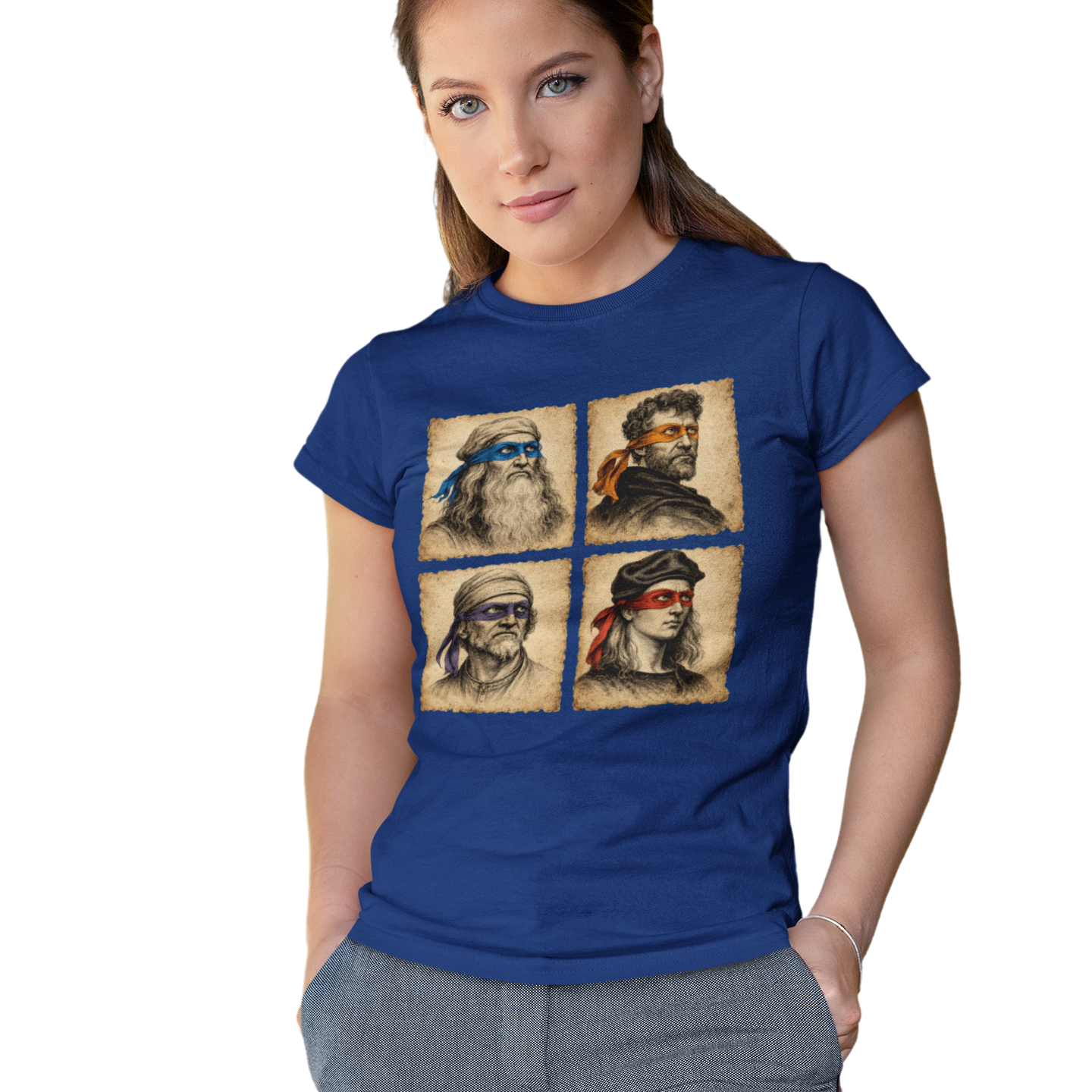 Woman wearing a blue t-shirt with four square images on a white background