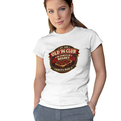 Woman wearing a white t-shirt with a graphic design on a white background