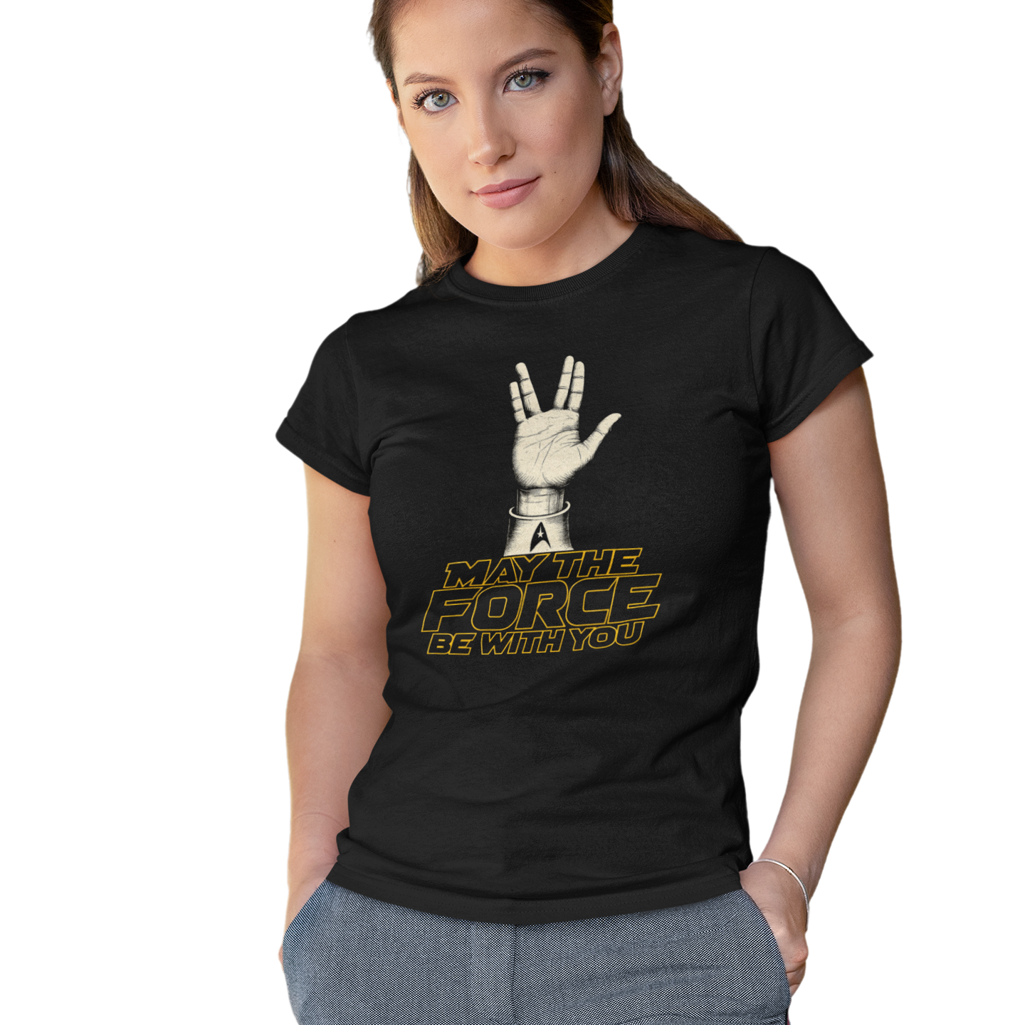 Woman wearing a black t-shirt with a design and text, standing against a white background