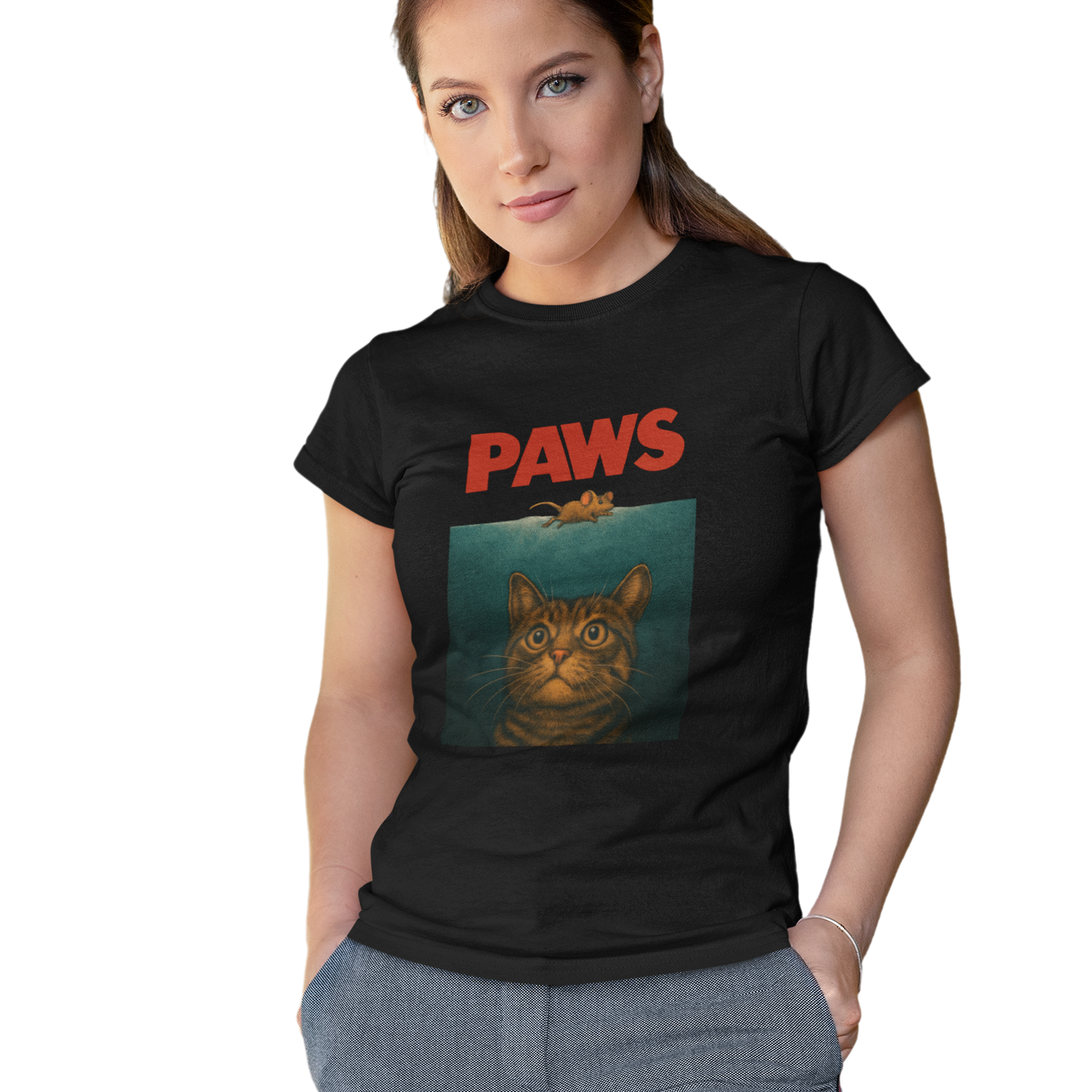 Woman wearing a black t-shirt with a graphic of a cat and 'PAWS' text on a white background