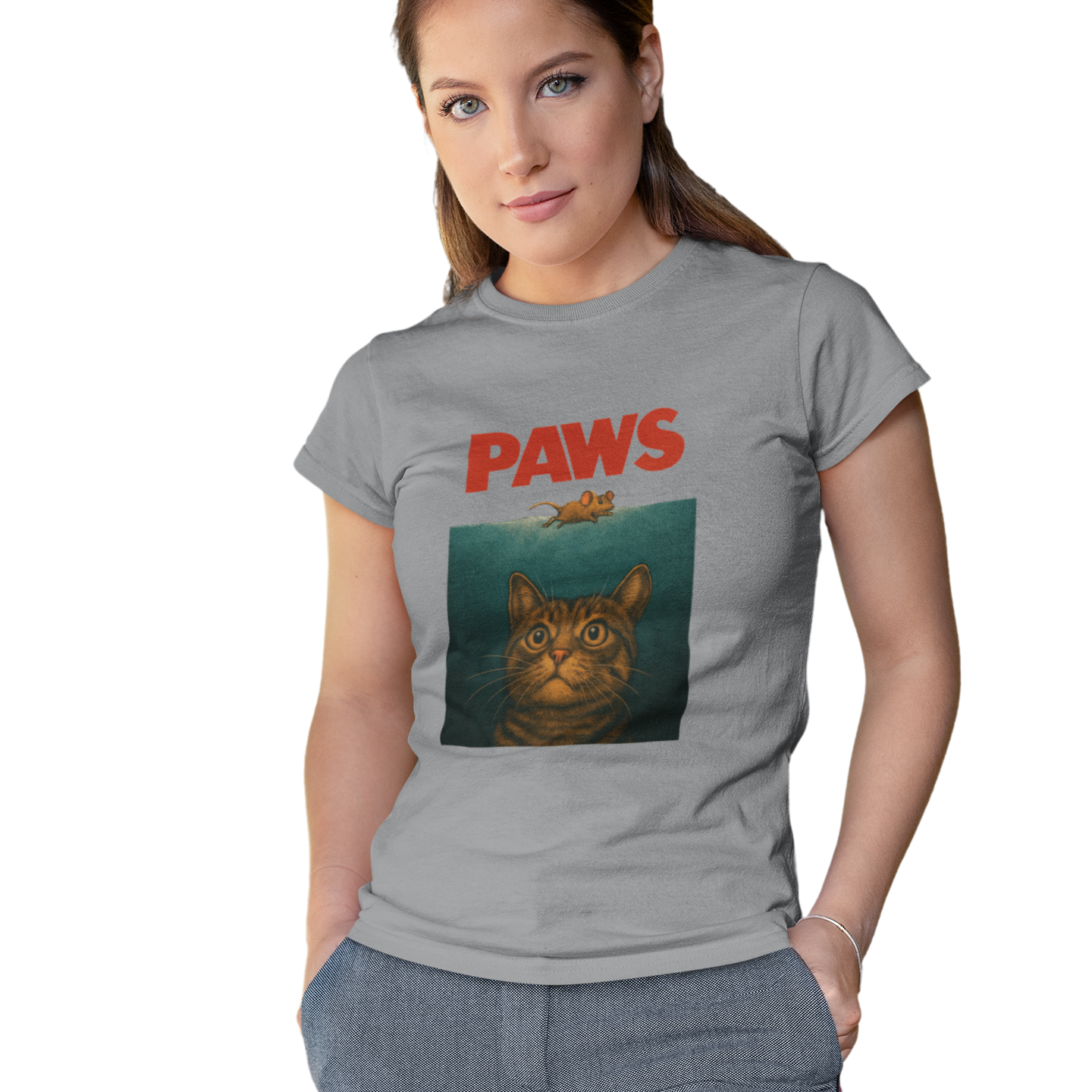 Woman wearing a gray t-shirt with a cat graphic and 'PAWS' text on a white background