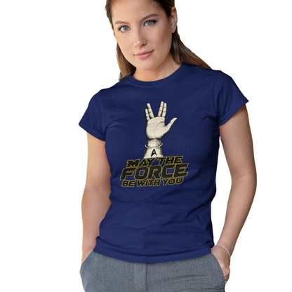 Woman wearing a blue t-shirt with a Star Wars-themed design on a white background