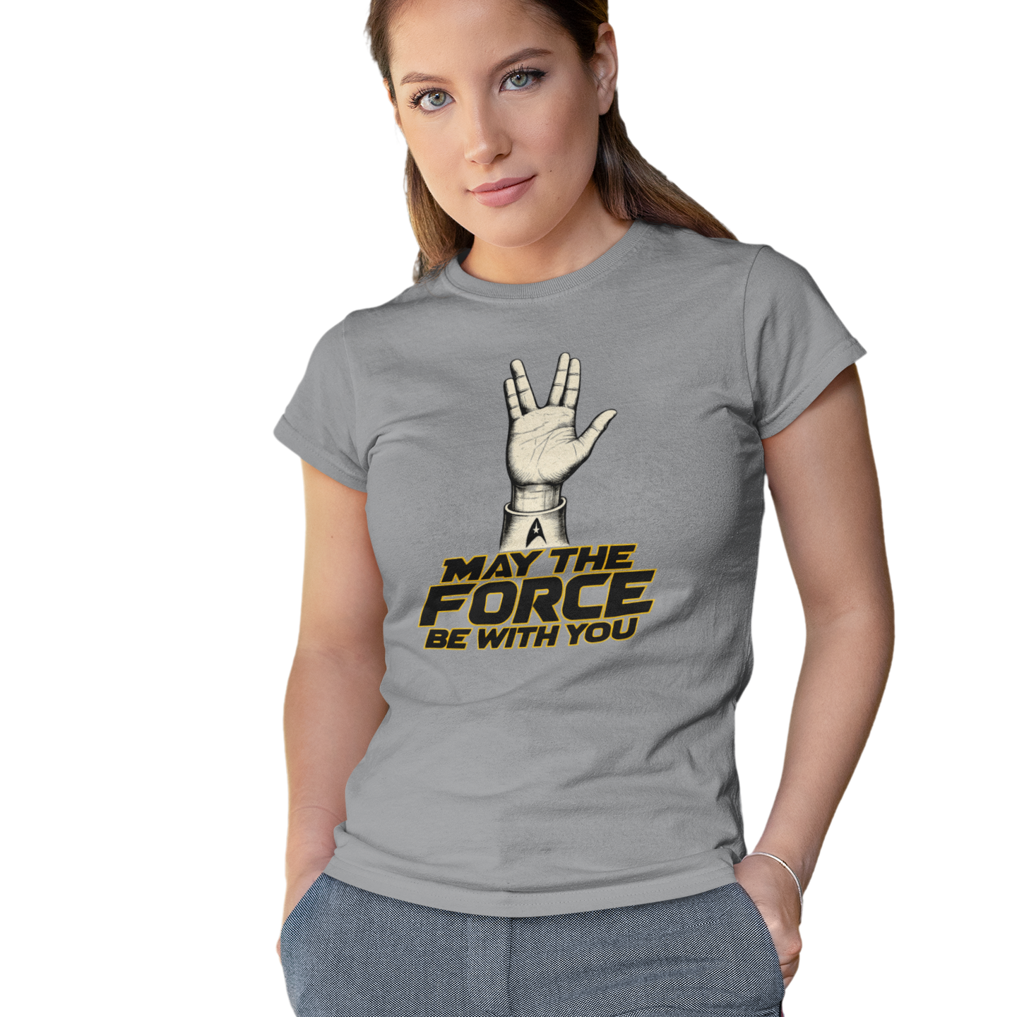 Woman wearing a gray t-shirt with a Star Wars-themed graphic and text.