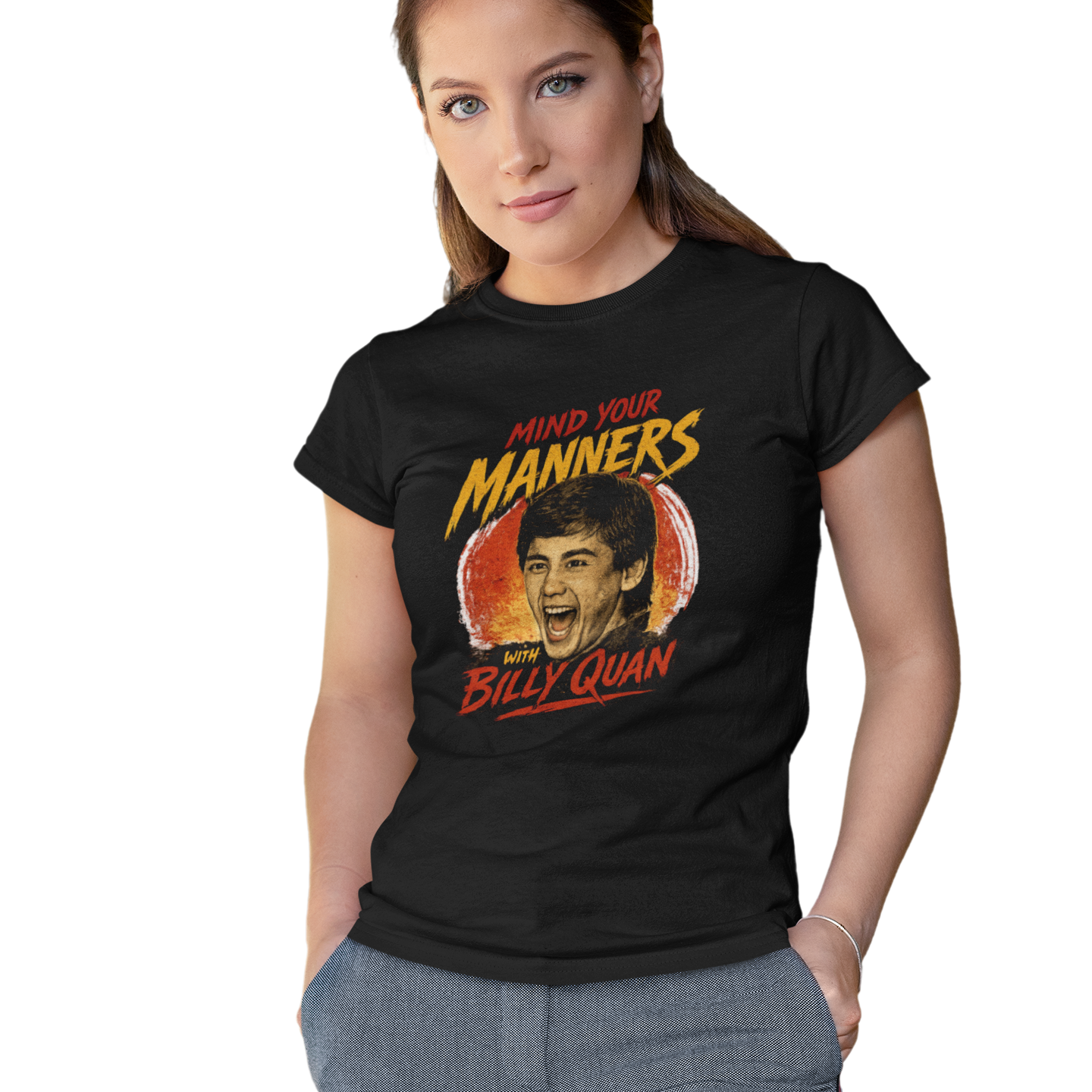 Woman wearing a black t-shirt with 'Manners' and 'Billy Quan' graphic design.