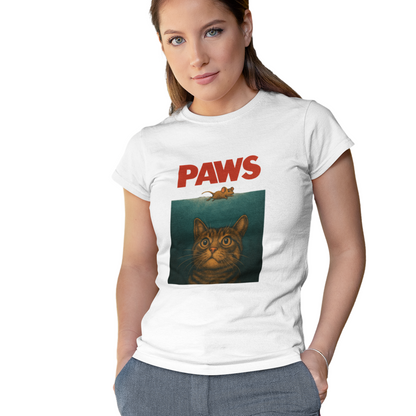 Woman wearing a white t-shirt with 'PAWS' and a cat graphic on a white background