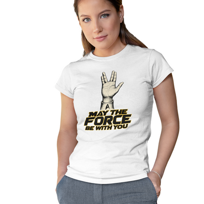Woman wearing a white t-shirt with a Star Wars-themed design on a white background