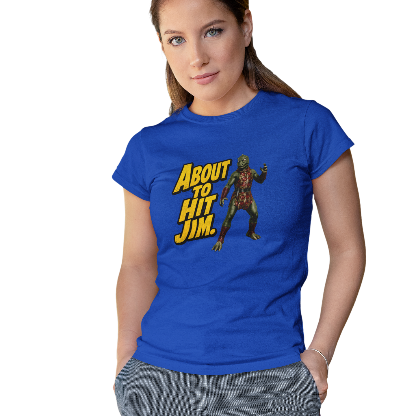 Woman wearing a blue t-shirt with a graphic and text, standing against a white background
